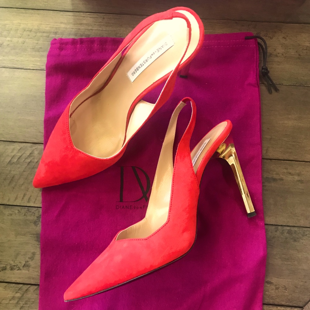 DVF red suede gold metal heeled slingbacks. NWOT